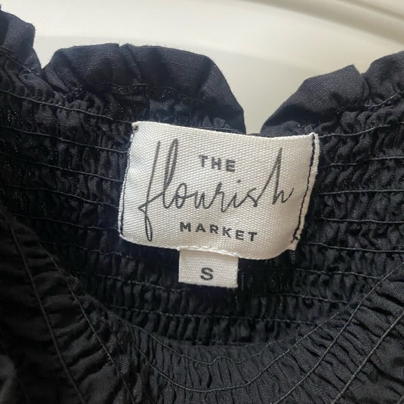 The Flourish Market Dress Women's Sz Small Black Cotton Embroidered Smocked Midi - Picture 2 of 5